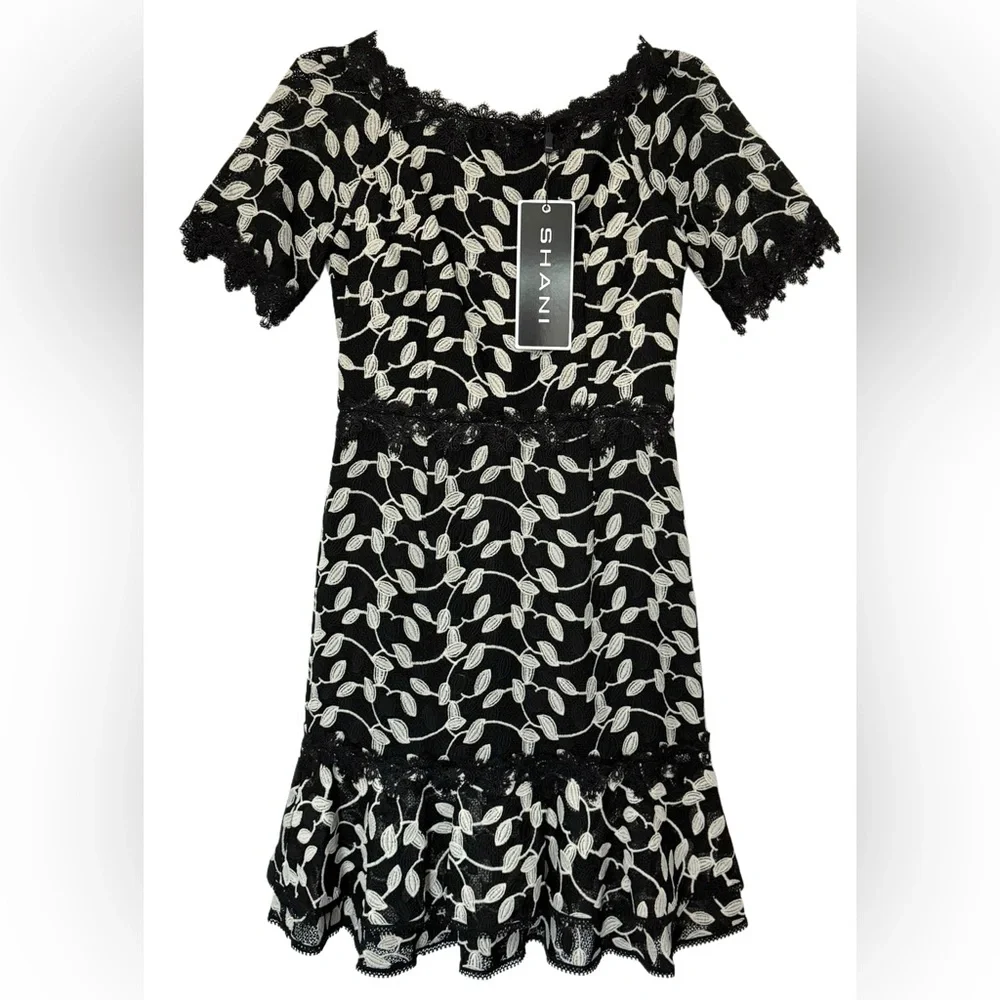 Shani NWT Black/White Two Tone Lace Bateau Neck Ruffle Hem Dress - Picture 7 of 10